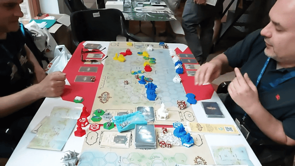 Detalle de un juego de simulación histórica naval con barcos en 3D y counters sobre el tablero en las jornadas de Alcalá de Henares.