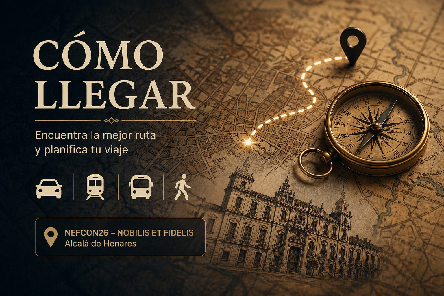 Ilustración de accesos a Alcalá de Henares con transporte y ubicación del Colegio de Málaga, sede de NeFCON26
