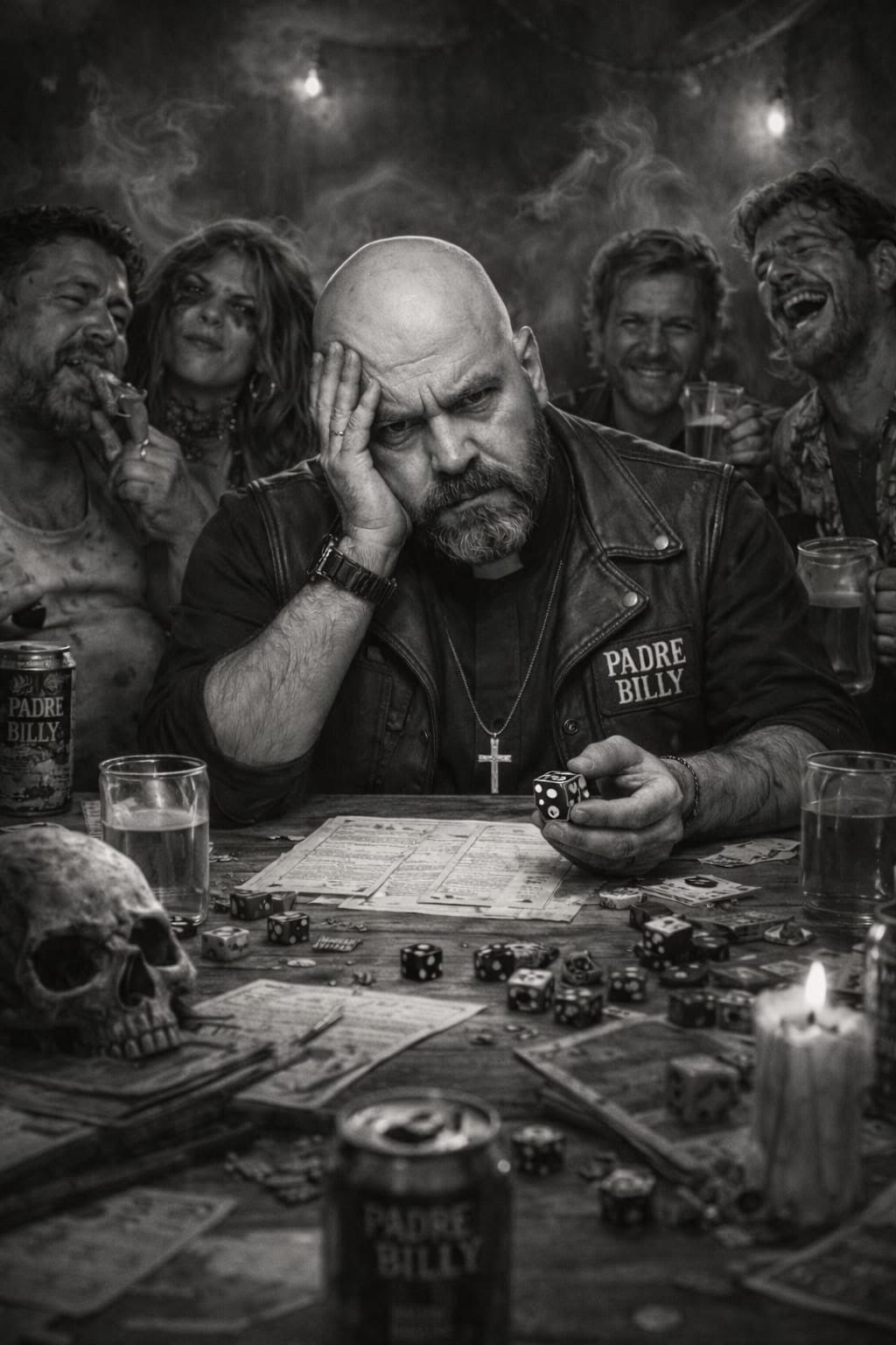Fotografía en blanco y negro de un hombre caracterizado de cura con chaqueta de cuero sobre una mesa de rol con dados, calaveras y mapas, en un ambiente gamberro con jugadores al fondo.